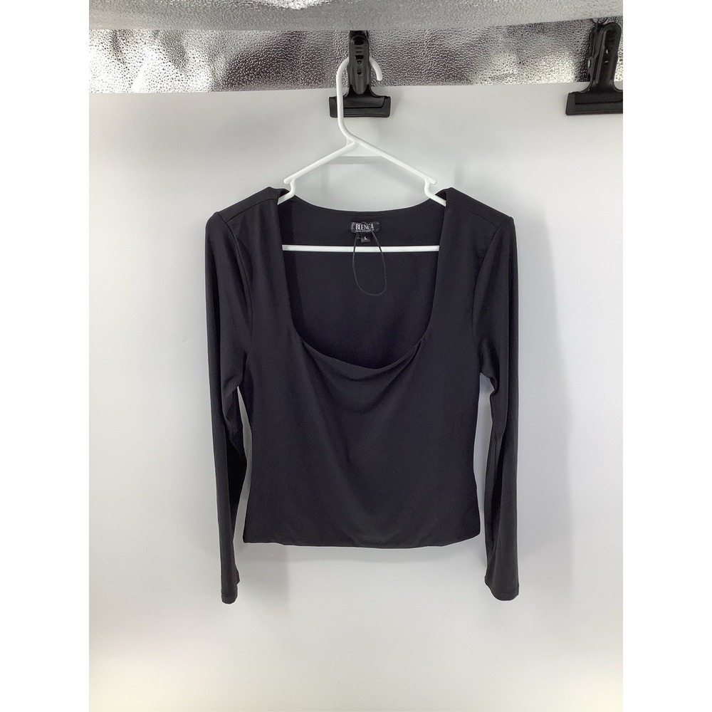 Blenca Young Contemporary Black Square Neck Long Sleeve Top Large Minimalist